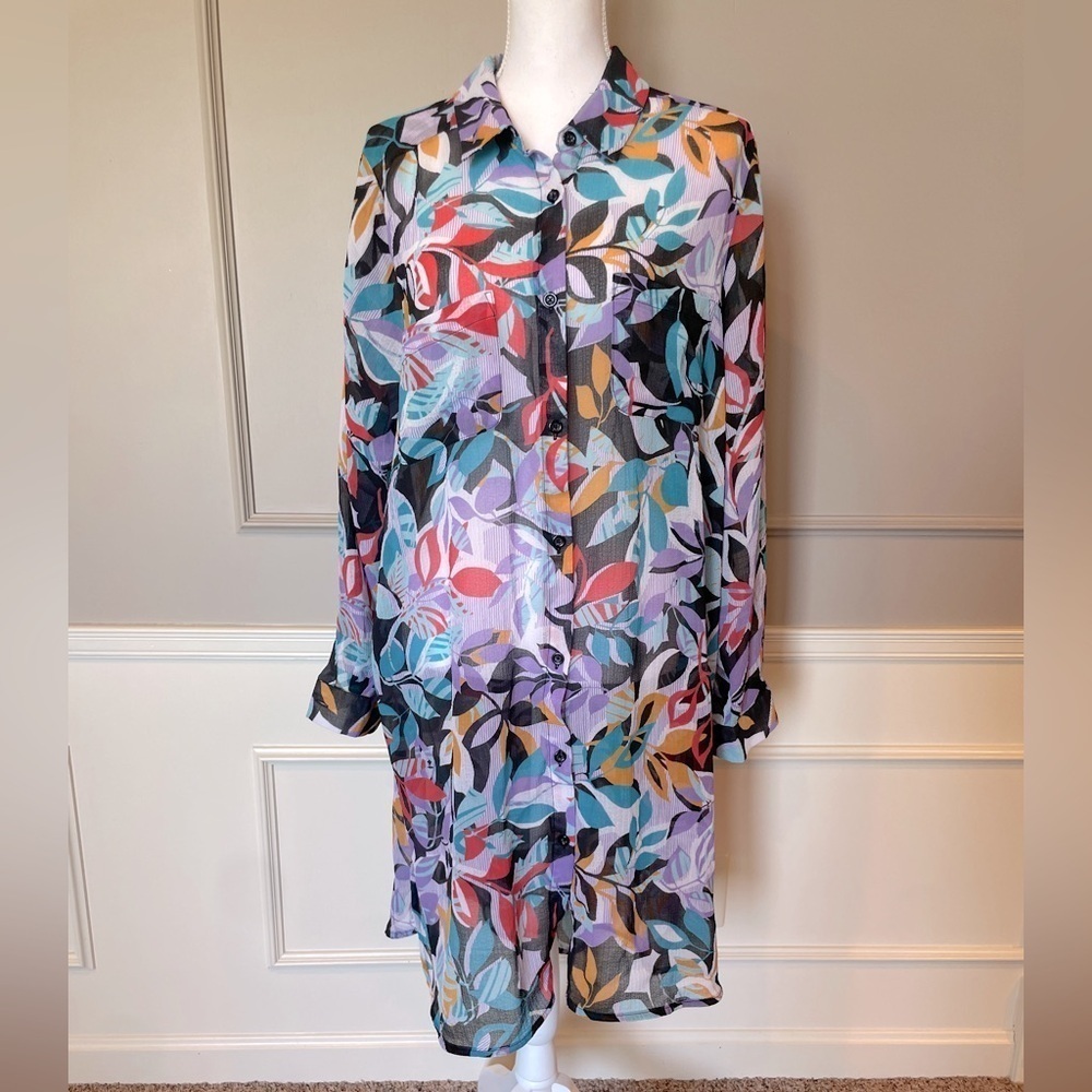Jessica London 22W sheer button down dress colorful casual contemporary floral